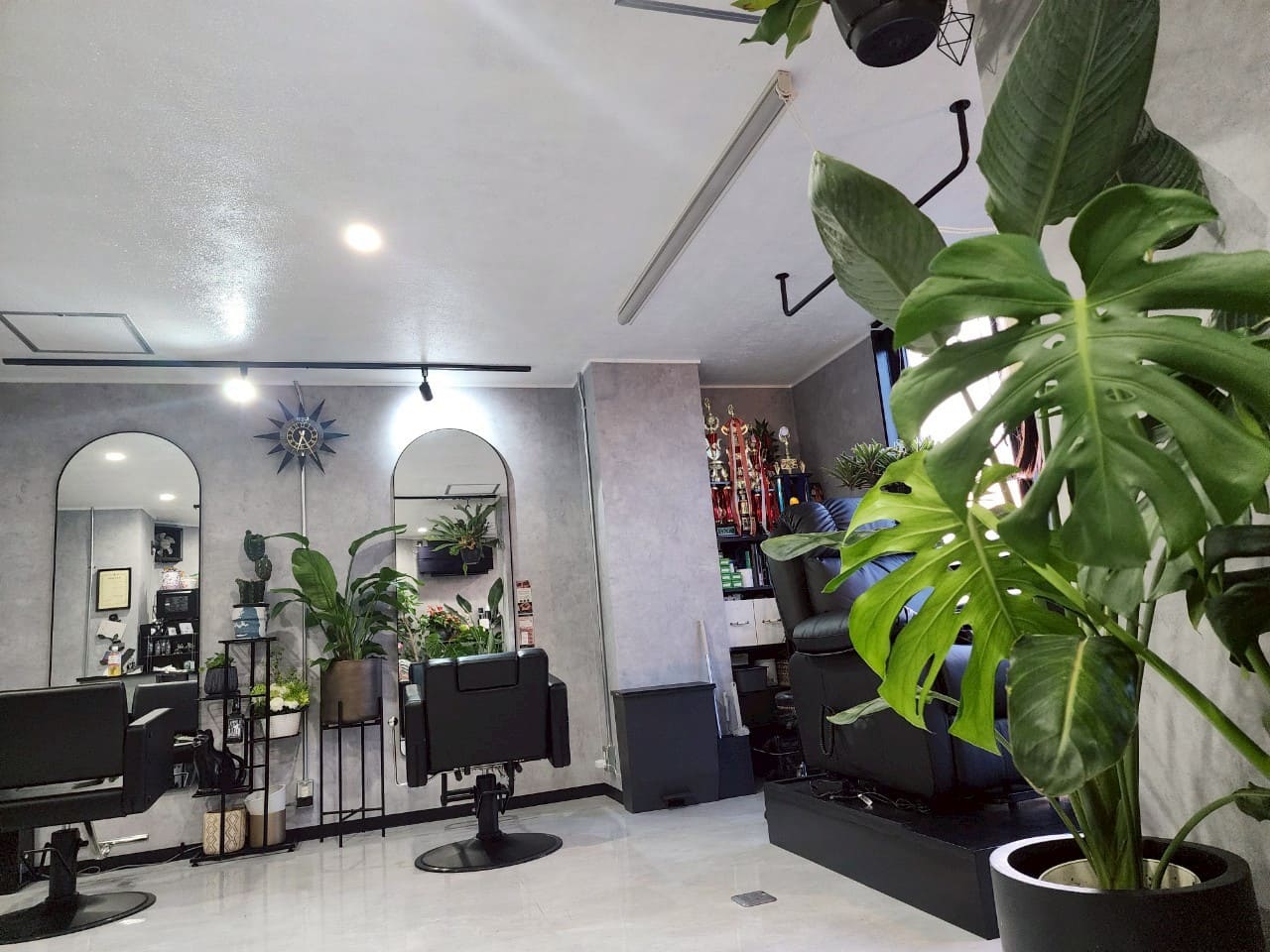 ミラーと観葉植物が並ぶスタイリッシュな店内